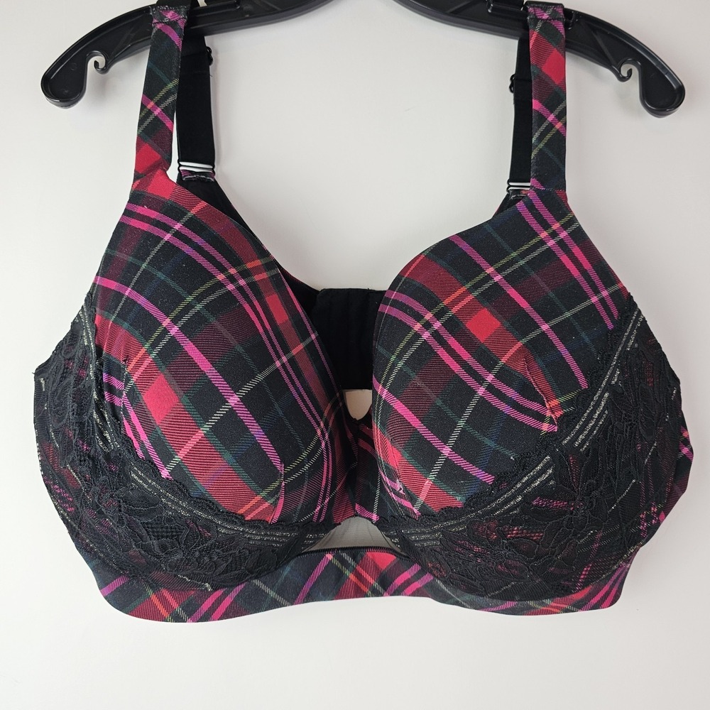 Cacique Womens 46DD Bra Red Black Plaid Lace Uplift Plunge Lingerie Support